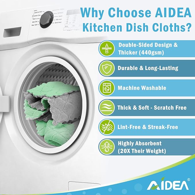 AIDEA Kitchen Towels, 12 Pack Absorbent Coral Fleece Dish Towels, No Odor Reusable Dish Cloths, Microfiber Cleaning Cloths, Fast Drying Dishcloths, 6.3" x10.4"