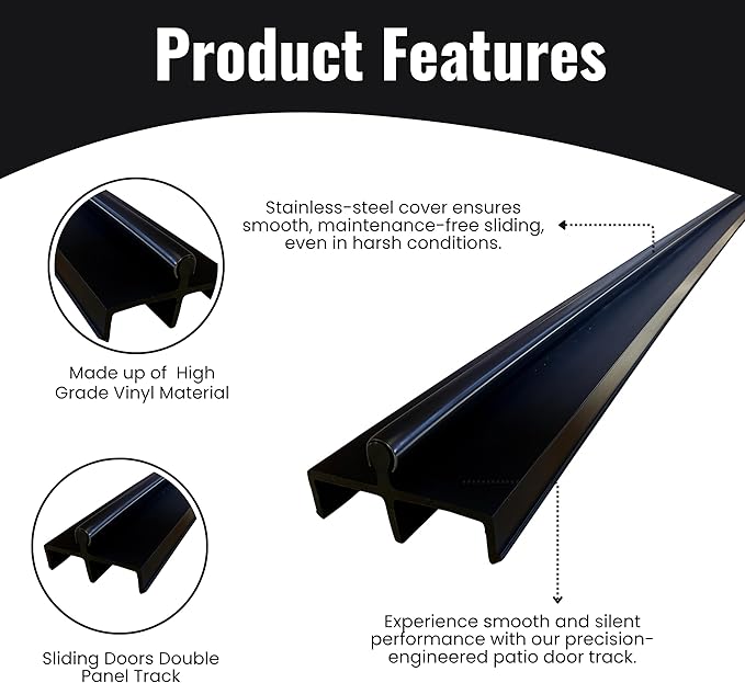 KC Hardware Premium Vinyl Sliding Door Track, Ideal Sliding Glass Door Track with Stainless Steel Cover Ensuring Smooth Glide for Home Improvement and Patio Doors (Black, 96 Inches)