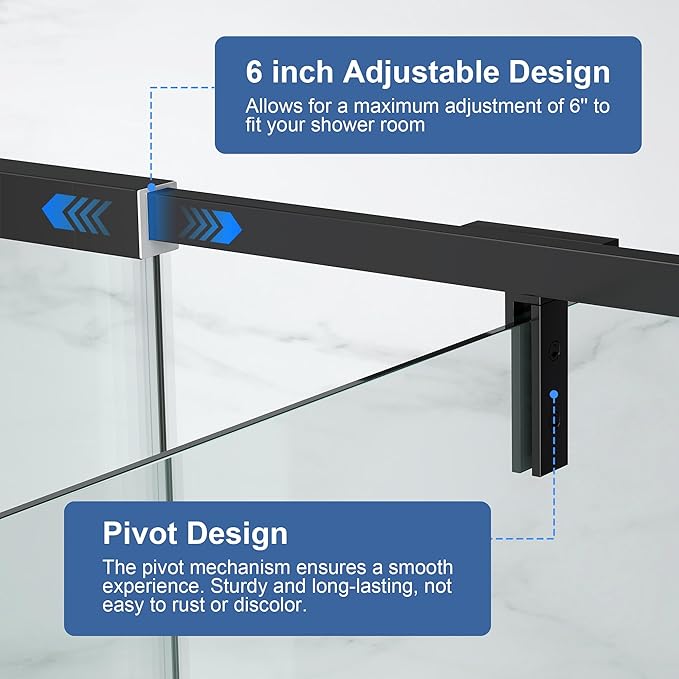 Semi Frameless Pivot Shower Door 36-42" W x 72" H, Swing Shower Glass Doors with Nano Explosion-Proof Film Tempered Glass 1/4"(6mm) Reversible Installtion, Matte Black Finish