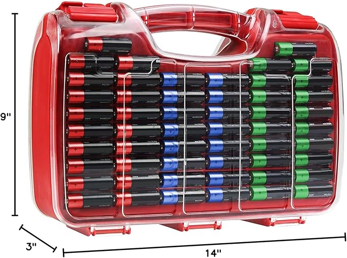 Battery Organizer Storage Case with Tester, Holds 180 Batteries, Clear Hinged Cover, Locking Lid - For AA, AAA, C, D and More, Red