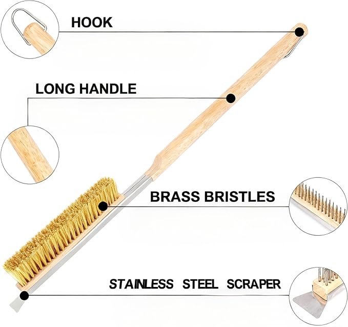 Thornfield 26” Pizza Oven Brush with Scraper - Heat Resistant Brass Bristles, Extra Long Handle - Compatible with Ooni Ovens, Outdoor Ovens, BBQ Tools, Baking Stones and Griddles- Includes Spare Head