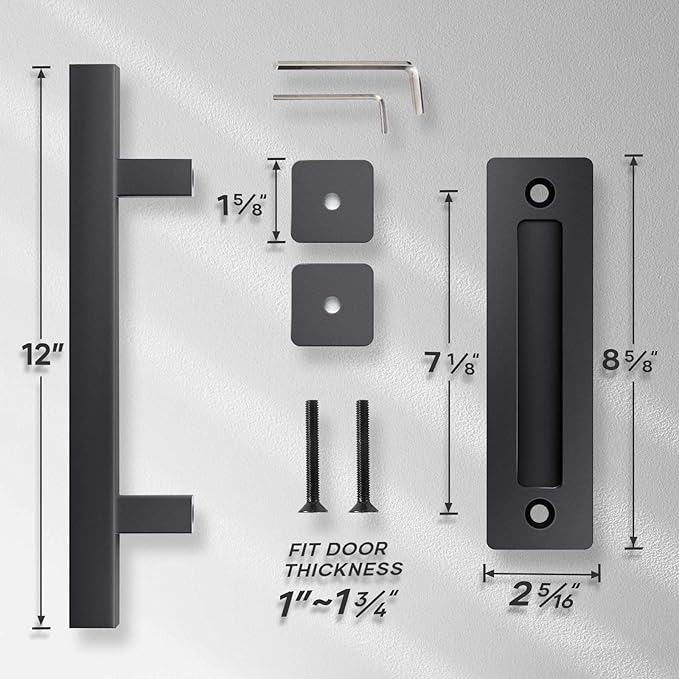 EaseLife 12" Sliding Barn Door Handles and Pulls,Double Sided Hardware Set,Heavy Duty,Square,Rustic,Matte Black Powder Coated Finish,Easy Install