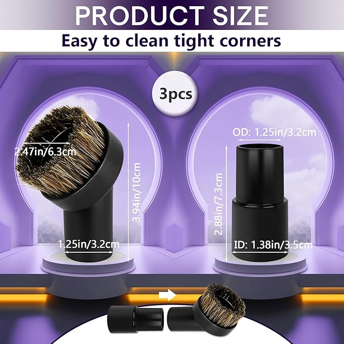 3PCS Horse Hair Brush Vacuum Attachment Set - Black Round Horse Hair Vacuum Attachments & Brushes - Shop Vac Brush Attachment for Most Vacuum Cleaners Accessories - 1 1/4" Vacuum Attachments Included