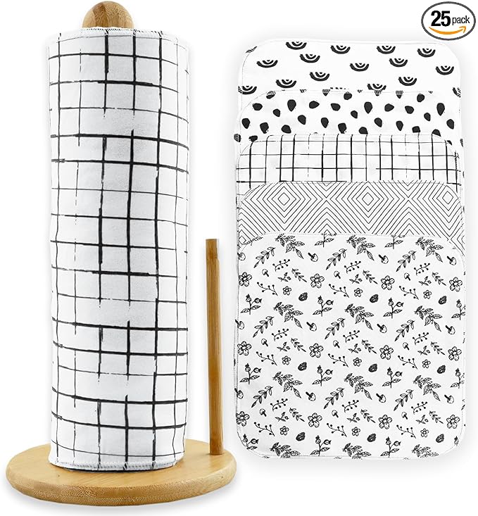 25 Pack Reusable Paper Towels, Paperless Towels Roll Washable Cotton Cloth for Kitchen Towels Zero Waste Products Alternative Paper Towels Alternative (Black White)