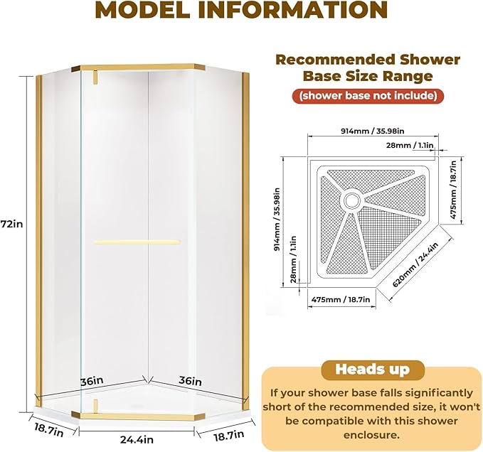 36" D x 36" W x 72" H Neo-Angle Shower Door, Corner Shower Enclosure with Explosion-Proof Film and Nano Coating, Stainless Steel Frame, 1/4” (6MM) SGCC Tempered Glass, Brushed Gold Finish