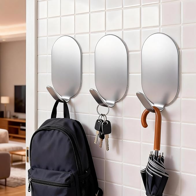 Sticky Adhesive Hooks for Hanging, Key Hooks, Stainless Steel Wall Hooks, Command Hooks, Coat Hooks, Door Hooks, Towel Hanger, Metal Hook, Utility Hooks,Picture Hanger, Storage Hooks,10Pcs (Silver)