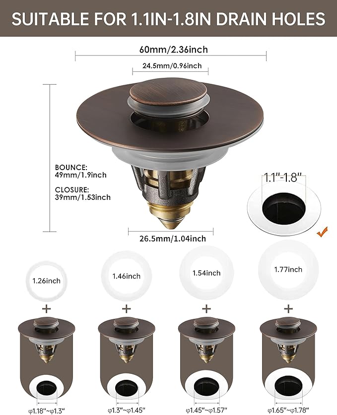 Fransiton 2 Pack Bathroom Sink Stopper, 1.1-1.77 Inch Basin Pop Up Sink Drain Stopper, Anti Clogging Drain Plug with Detachable Hair Catcher, Dark Bronze