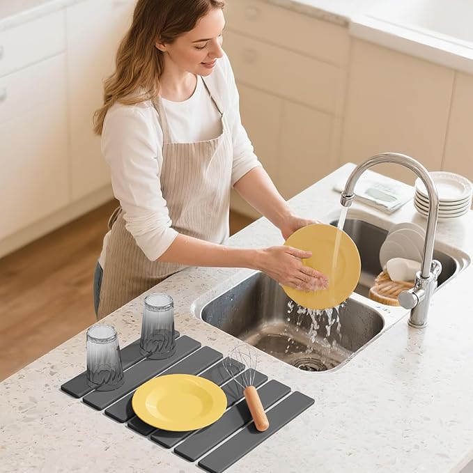 Stone Dish Drying Mats for Kitchen Counter,15.5“x 11.8”,Eco-Friendly,Foldable quick dry stone mat kitchen,Absorbent Diatomaceous Earth Mats for Dishes Bottles Cups Bathroom Any Countertop-Dark Gray