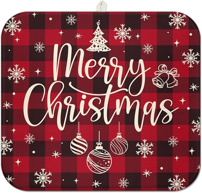 Christmas Kitchen Countertop Dish Drying Mat, Red Christmas Buffalo Plaid Pattern Microfiber Kitchen Drying Mat, Washable Absorbent Countertop Xmas Winter Holiday Dish Mat Drainer,16x18 Inch