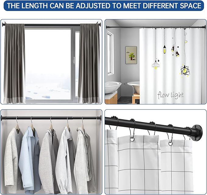 BRIOFOX Industrial Shower Curtain Rod - 2-in-1 Design Tension Curtain Rod - Rustproof Non-Slip 54 to 90 Inch Stainless Steel, Matte Black Window Curtain Rod