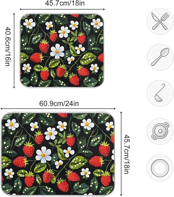 Strawberries White Flowers Dish Drying Mat for Kitchen Counter Absorbent Microfiber Drying Pad, Large 18x24 in, Reversible Drainer Mats