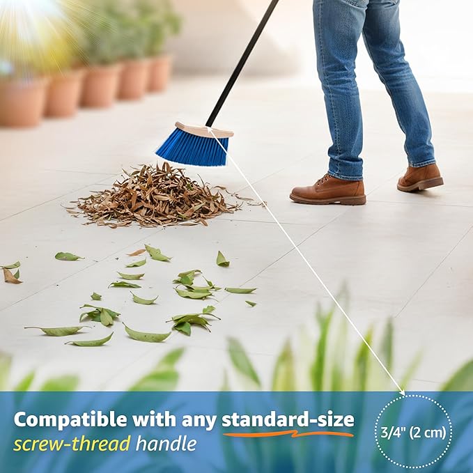 Outdoor Broom Head - Heavy Duty 9.85" Sweeping Wooden Broom Head with Stiff Bristles - Fits Standard 3/4" Threaded Handles - Ideal for Concrete Walkway, Patio, Deck, Driveway & Garage