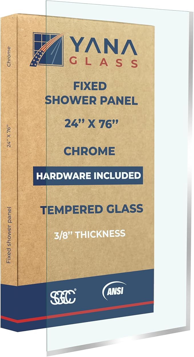 Fixed Glass Shower Panel for Bathroom - 3/8'' Thick Clear Tempered Frameless Glass Shower Door, 24" x 76" Hard Water Resistant with Chrome Finish - By Yana Glass and Mirror