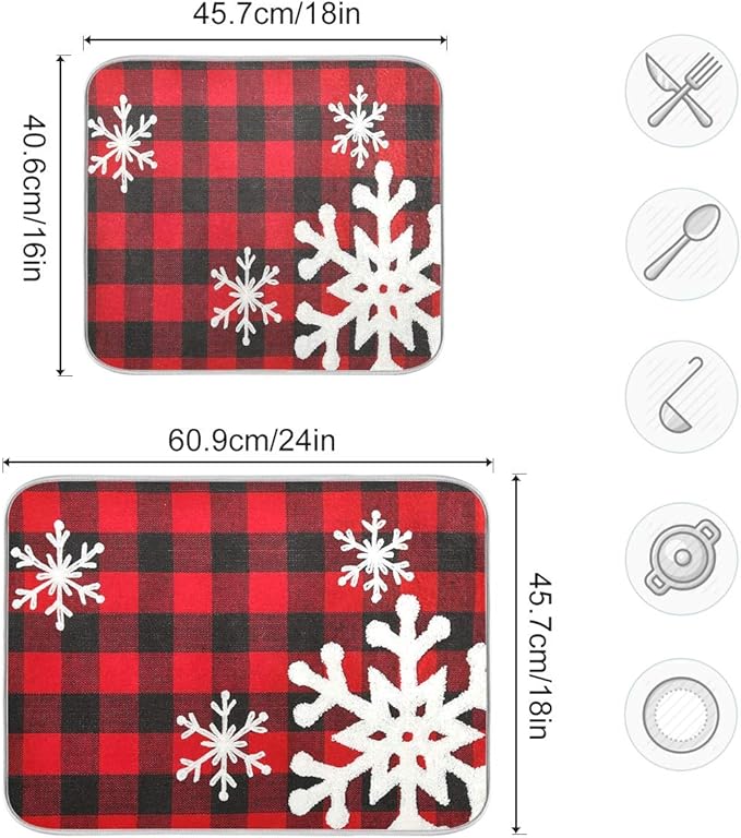 Christmas Red Plaid Snow Snowflake Dish Drying Mat 16x18 inch Red Black Lattice Texture Dish Drainer Kitchen Counter Mats Bottles Dish Dry Pad Protector for Kitchen Countertops