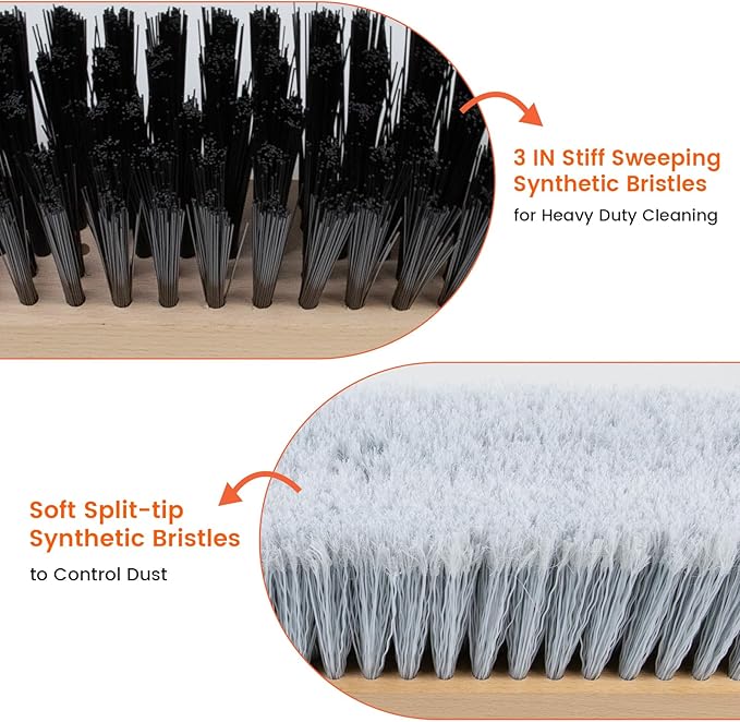 ALANNG 24” Push Brooms for Indoor and Outdoor, Heavy Duty Broom for Sweeping with 61” Wood Handle, Soft Bristle and Stiff Bristle Broom Set for Shop, Garage (2 Pieces)