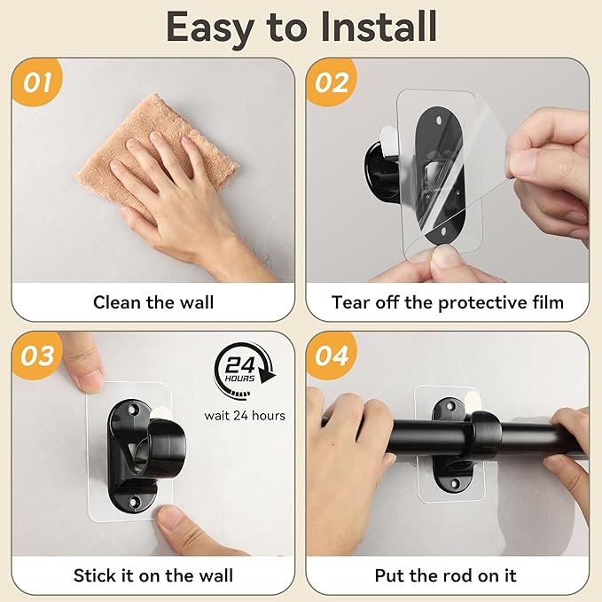 ANDGOO 18 Pack No Drill Curtain Rod Brackets, Renter Friendly Self Adhesive Curtain Rod Holders, Heavy Duty No Drilling Curtain Rod Hooks for Apartment Bedroom Bathroom Dorm Classroom Kitchen (Black)