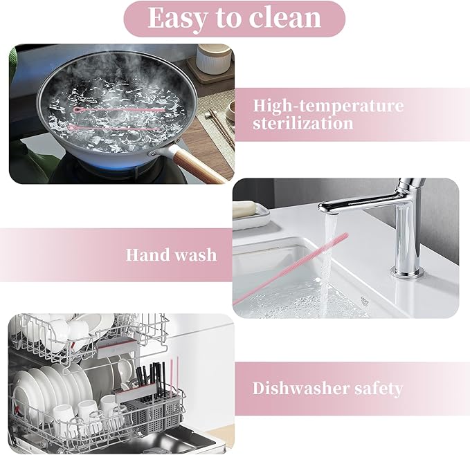 2Pcs silicone straw cleaning brushes, extra long, used for Cleaning Glass Metal Smoothie Straws and StrawCups,Non-slip Handle Soft and Bendable, 6mm+9mm. (Pink)