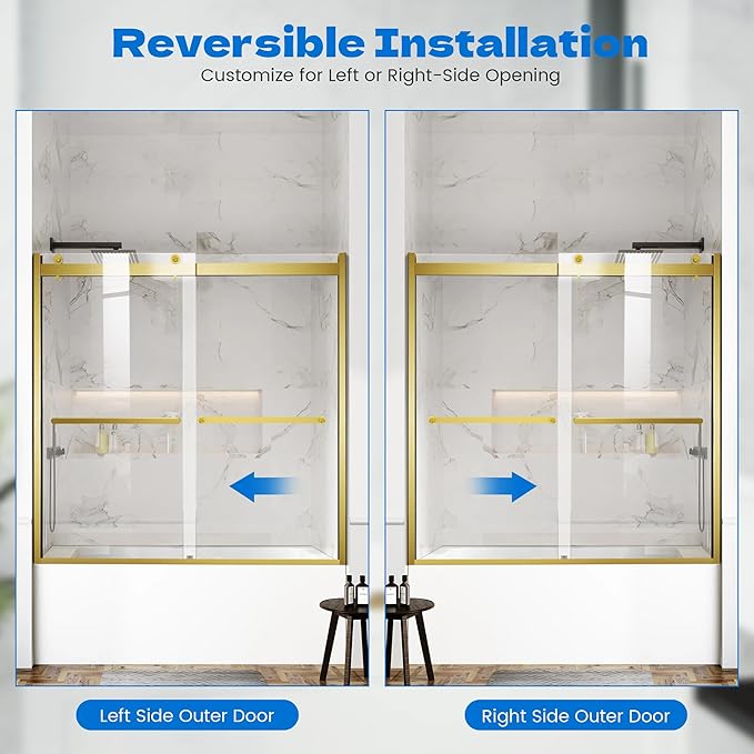Bathtub Shower Door, 60″x 62″ Semi-Frameless Sliding Shower Door, Double Sliding Bypass Glass Shower Doors for Bathtub with 5/16" (8mm) Tempered Glass, Brushed Gold