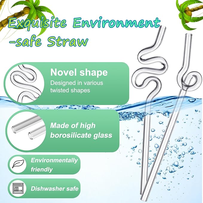 Yinkin 6 Pcs Wavy Glass Straw Reusable Curved Silly Glass Straws Shatter Resistant with 2 Cleaning Brushes Clear High Borosilicate Glass Straws for Kids Adults Smoothies Juice (Clear, 8 Inch)