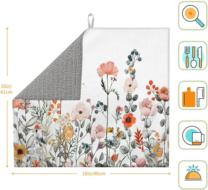 Colorful Wildflowers Dish Drying Mat 16x18 inches Microfiber Absorbent Fast Dry Mat for Kitchen Counter Coffee Bar Floral Large Drying Mat Kitchen Decor Gifts (Wildflowers, 16x18 inches)