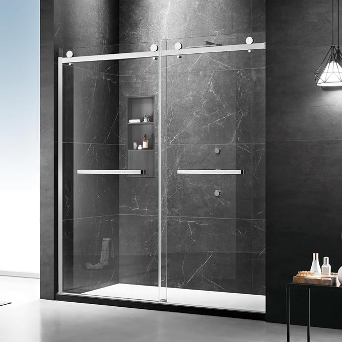 Milano Double Sliding Shower Door, 54 in.W x 74 in.H Framed Shower Door 5/16"(8mm) Clear Tempered Glass, 18 inch Pull Handle, Stainless Steel Hardware, Brushed Nickel Finished