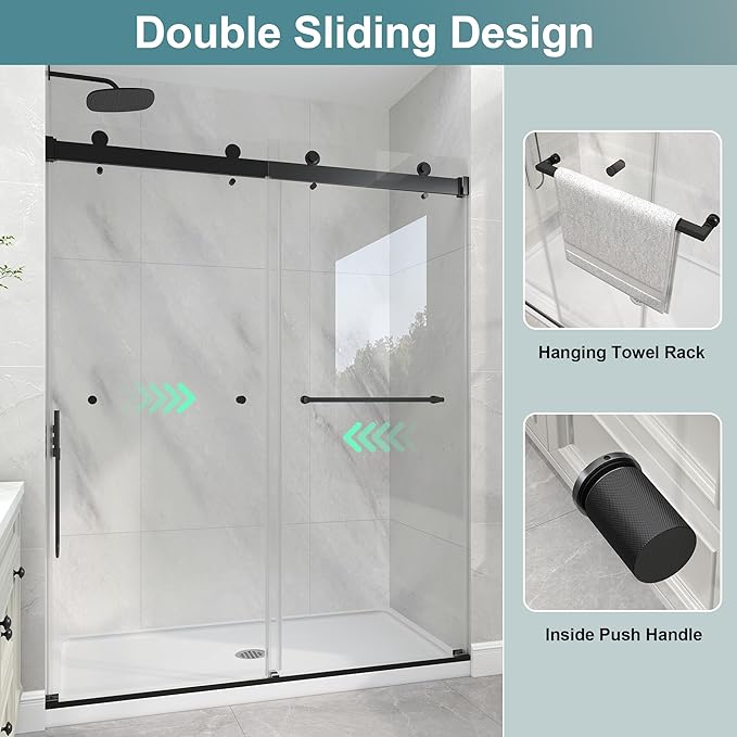 KPUY Frameless Shower Door, 55-60" W x 76" H Double Sliding Glass Shower Door, 1/4" (6mm) Thick Tempered Clear Glass with Explosion-Proof Film Nano Coating, Matte Black