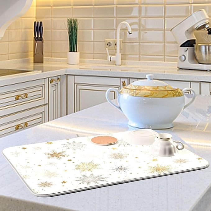 Winter Snowflake White Dish Drying Mat for Kitchen Countertop 18x24 Christmas Snow Golden Xmas Large Drying Mat Reusable Quick Dry Dish Sink Mats Easy Clean Decorative Essentials