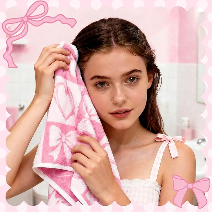 Frienda 4 Pcs Pink Bow Hand Towels for Bathroom 13 x 29'' Soft 100% Cotton Valentines Day Decorative Towel Coquette Bow Kitchen Decor Absorbent Pink Preppy Bathroom Decor Bridal Shower Wedding Gift