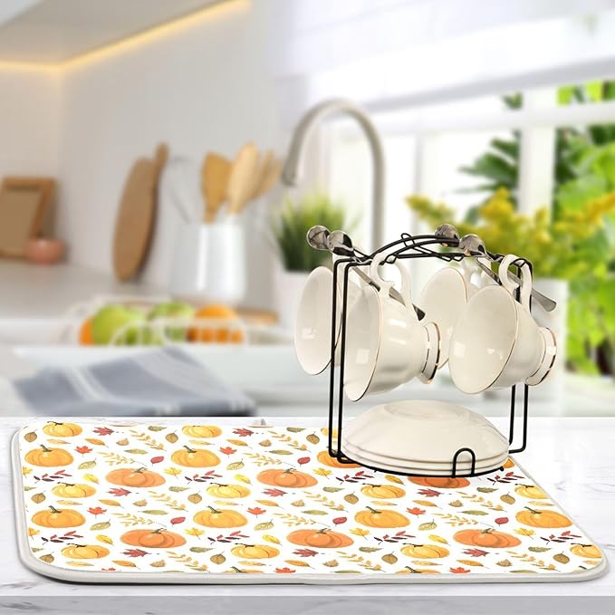 Fall Pumpkin Pattern Dish Drying Mat for Kitchen Countertop 18x24 Autumn Leaves Thanksgiving Day Large Drying Mat Reusable Quick Dry Dish Sink Mats Easy Clean Decorative Essentials