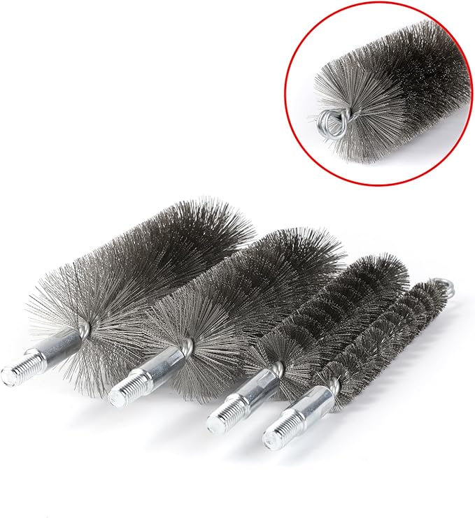 50 in Pipe Cleaning Brush Set with Stainless Steel Bristles, Wire Brush with 4 Flexible Rods, Stainless Steel Pipe Brush 4pcs for Auto Parts, Bottles, Tubes. (3/5, 1, 1 3/5, 2 in Brush Heads)