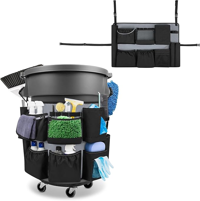 32-55 Gallon Trash Can Caddy Bag, Garbage Bin Apron Caddy with Multiple Pockets for Cleaning Supplies, Cleaning Tool Organizer with Adjustable Buckle for Janitorial Trash Can, Black+Gray