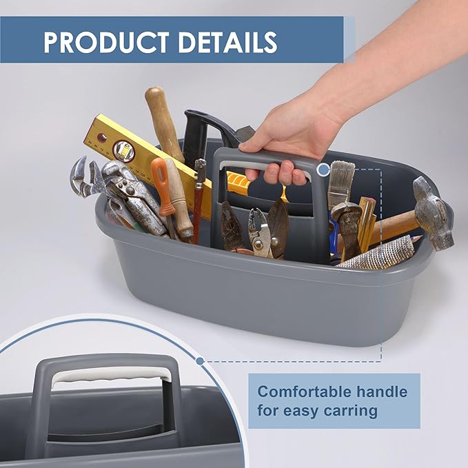 Large Cleaning Supplies Caddy Organizer, Portable Shower Caddy Plastic Basket with Handle, Stackable Tool Storage for Bathroom, Garden, Kitchen, Home Organization, Grey