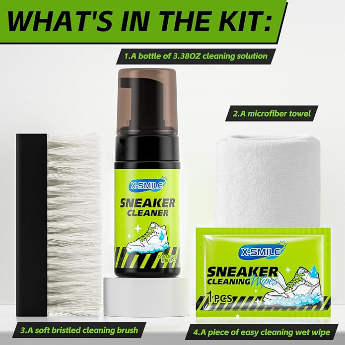 X-SMILE Sneaker Cleaning Kit, Foam Cleaner for White Shoes, PU & Synthetic, Canvas, Mesh & Rubber, Brush, Towel & Wipe 100ml