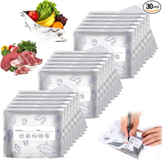 30PCS Reusable Aluminum Foil Sealable Storage Bags,Upgrade Reusable Aluminum Foil Storage Bags,Stand Up Foil Sealable Bags with Label and Zip Lock for Vegetable Fruit Meat (Medium)