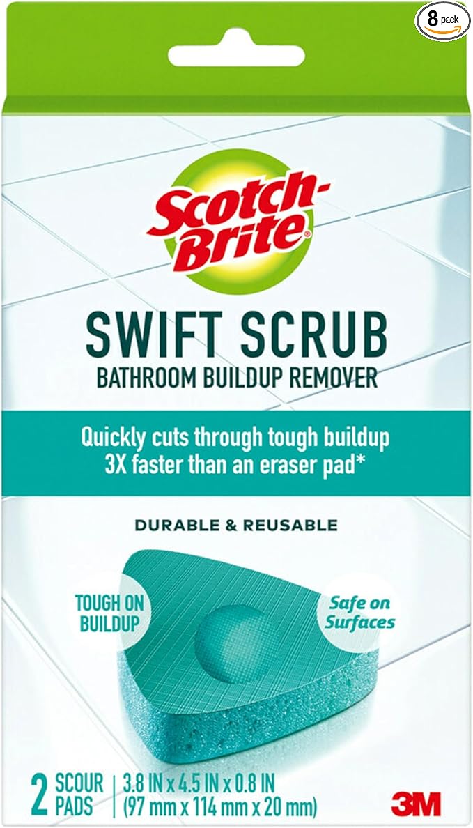 Scotch-Brite Swift Scrub Bath Cleaner Scrubbers, Soap Scum Remover for Cleaning Bathroom, Scrubber Pads Safe for Tile, 2 Bathroom Cleaner Scrubbers (Pack of 8)