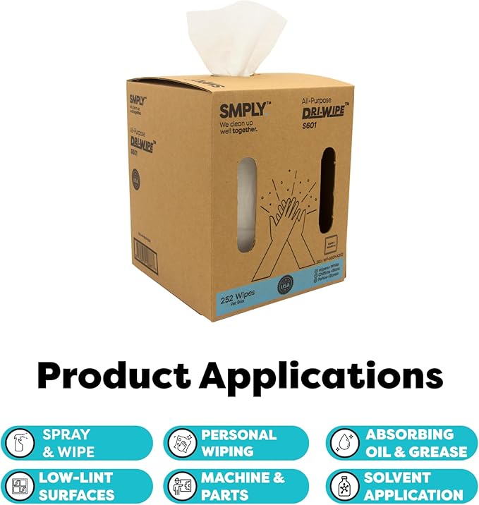Dri-Wipe S601 by SMPLY Brands – All-Purpose Disposable Cleaning Wipes, 252 Wipes, Strong Alternative to Shop Towels & Paper Towels, 10" x 15" Center-Pull Sheets