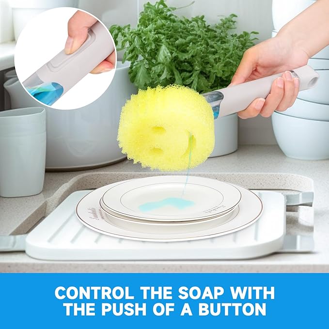 Smile Sponge Dish Wand Holder for Scrub Daddy, Soap Dispensing Handle, Scratch Free Kitchen Handle with Food Scraper