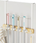 HULISEN Broom Holder Door Mount, Over the Door Broom and Mop Holder with 0.6" Thick Pads, Wood Mop Organizer Tool Hanger with 4 Racks & 2 Hooks for Laundry Cabinet Kitchen Garage, No Drills