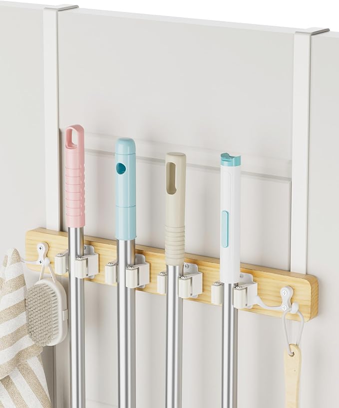 HULISEN Broom Holder Door Mount, Over the Door Broom and Mop Holder with 0.6" Thick Pads, Wood Mop Organizer Tool Hanger with 4 Racks & 2 Hooks for Laundry Cabinet Kitchen Garage, No Drills