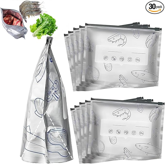 Reusable Aluminum Foil Sealable Storage Bags, 2026 New Resealable Vacuum Zipper Pouches for Food, Stand Up Foil Sealable Bags with Label and Zip Lock for Vegetable Fruit Meat (30PCS, Small)