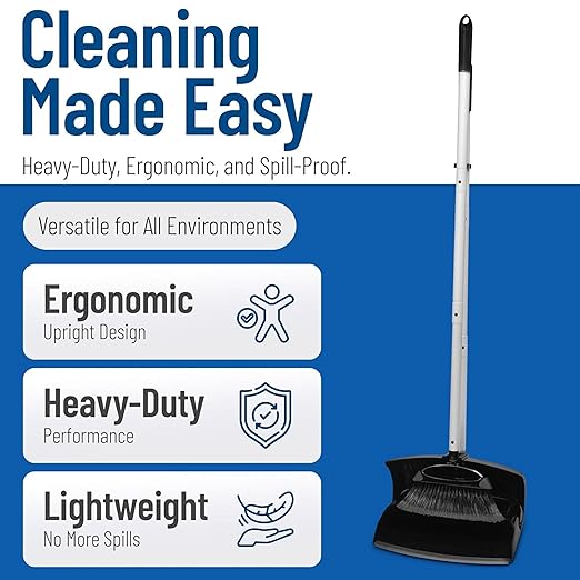 Carlisle FoodService Products Duo-Pan Upright Dust Pan and Broom Set with Adjustable Broom Head for Floor Cleaning, Restaurants, and Janitorial Use, 36 x 11.8 x 41 Inches, Black (Pack of 4)