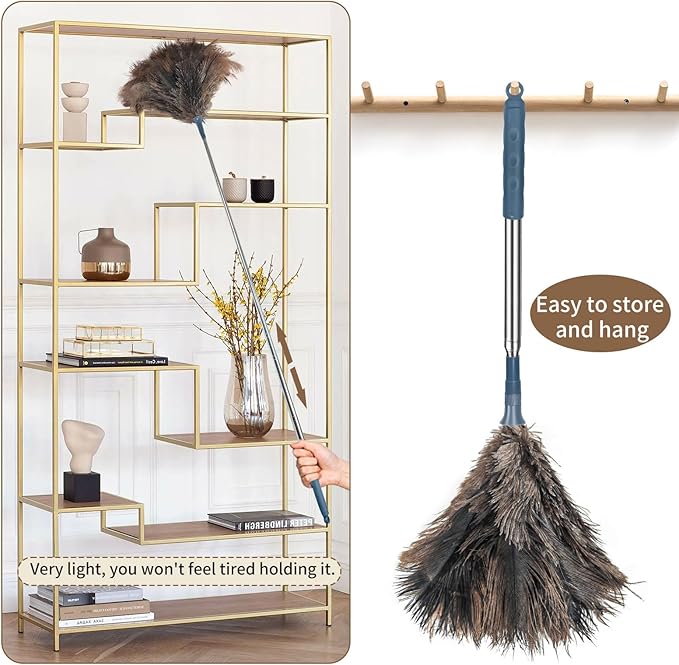 Ostrich Feather Duster with Extension Pole for Cleaning - 80 in Fluffy Natural Genuine Ostrich Feathers with Handle Reusable Handheld Ostrich Feather (Gray)