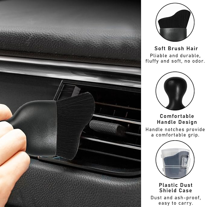 2PCS Car Interior Dust Brush, Soft Scratch Free Auto Detailing Brushes, Universal Vehicle Interior Cleaning Tool for Automotive Dashboard, Air Vents, Leather (Black)
