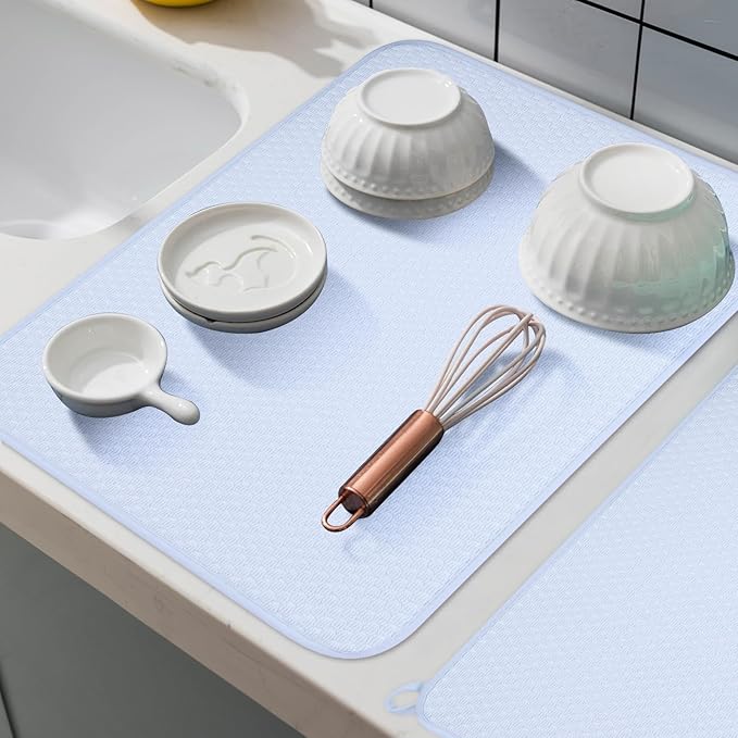 12 * 16 inch Microfiber Dish Drying Mat, Superb Absorbent Kitchen Dish Drying Pad, Reversible Drainboard for Countertop, Blue