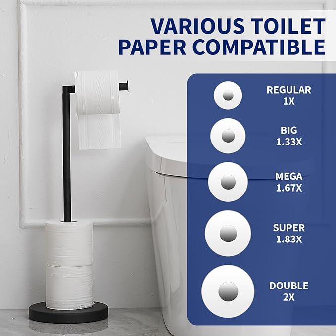 BWE Matte Black Toilet Paper Holder Stand Modern Tissue Roll Holder Storage for 4 Rolls of Paper, Stainless Steel Free Standing Toilet Paper Holder Bathroom Accessories with Weighted Base
