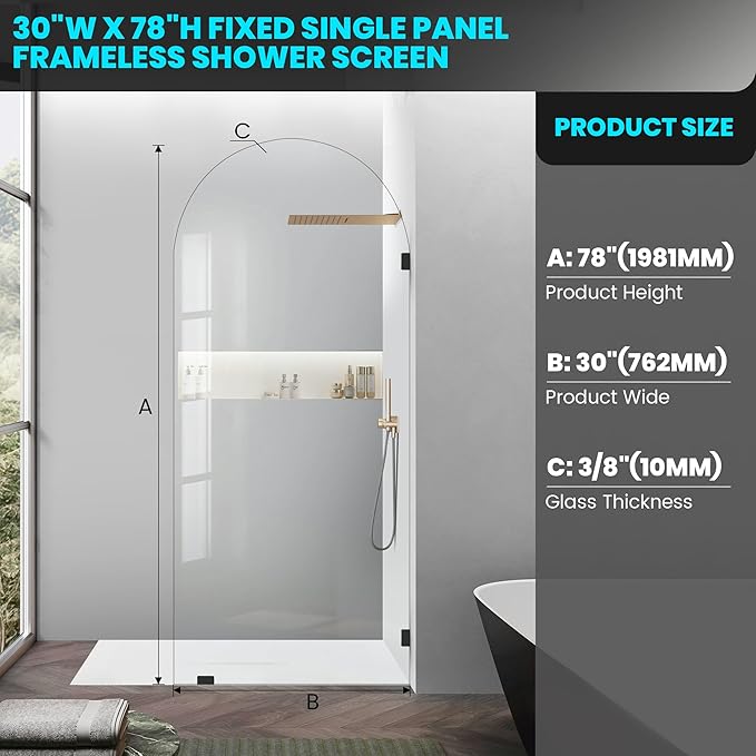Bathroom Glass Shower Door Panel, 30" W x 78" H Fixed Frameless Shower Doors with Clamps, 3/8"(10mm) Thick Clear Tempered Glass Shower Screen Single Panel for Walk in Shower (Black)