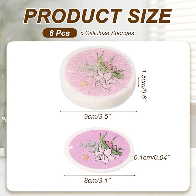 uxcell 6Pcs Cellulose Sponges, Round Kitchen Clean Sponges Non-Scratch Compressed Dish Scrubber with Floral Pattern for Kitchen Household Cookware Bathroom Cleaning & DIY, Pink