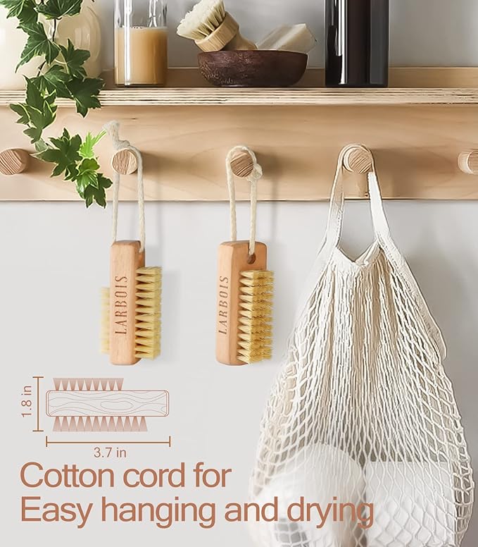 Nail Brush for Cleaning Fingernails, 2Pack Wooden Nail Brushes Fingernail Brush for Cleaning Nail Scrub Brush Two-Sided with Hanging Rope (Beechwood)