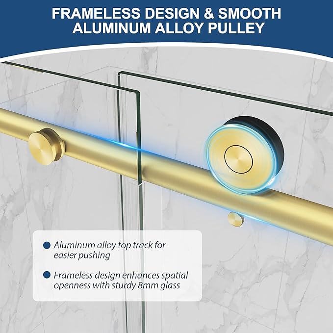 Frameless Shower Door,5/16" (8mm) Glass Sliding Shower Door with Soft-Close & Anti-Leak,Nano Coating Anti-Explosion Film SGCC Tempered Glass 55"-60" X 76"H,Brushed Gold