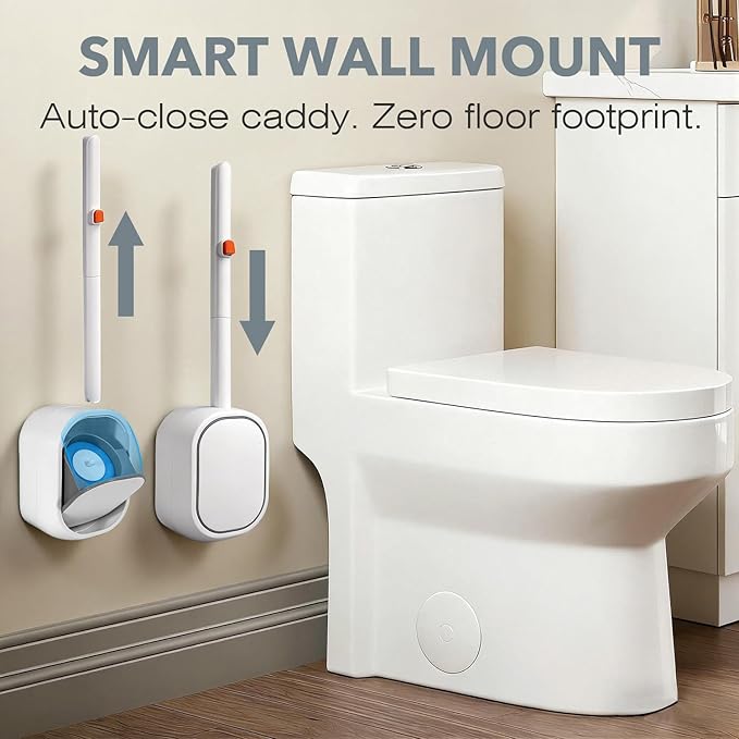 2-Pack Disposable Toilet Brush & Wand Kit, Wall-Mounted Auto-Closing Caddies with 60 Refills, Deep Cleaning System with Pre-Loaded Scrubber for Rust & Hard Water - Mess-Free Modern Design